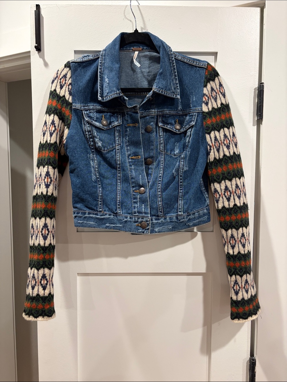Free People Blue Denim Jacket with Patterned Knit Sleeves